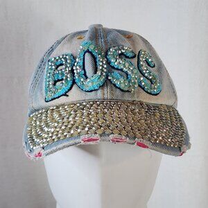 Magid Hats Light Wash Distressed Denim Rhinestone Bedazzled Boss Adjustable Cap